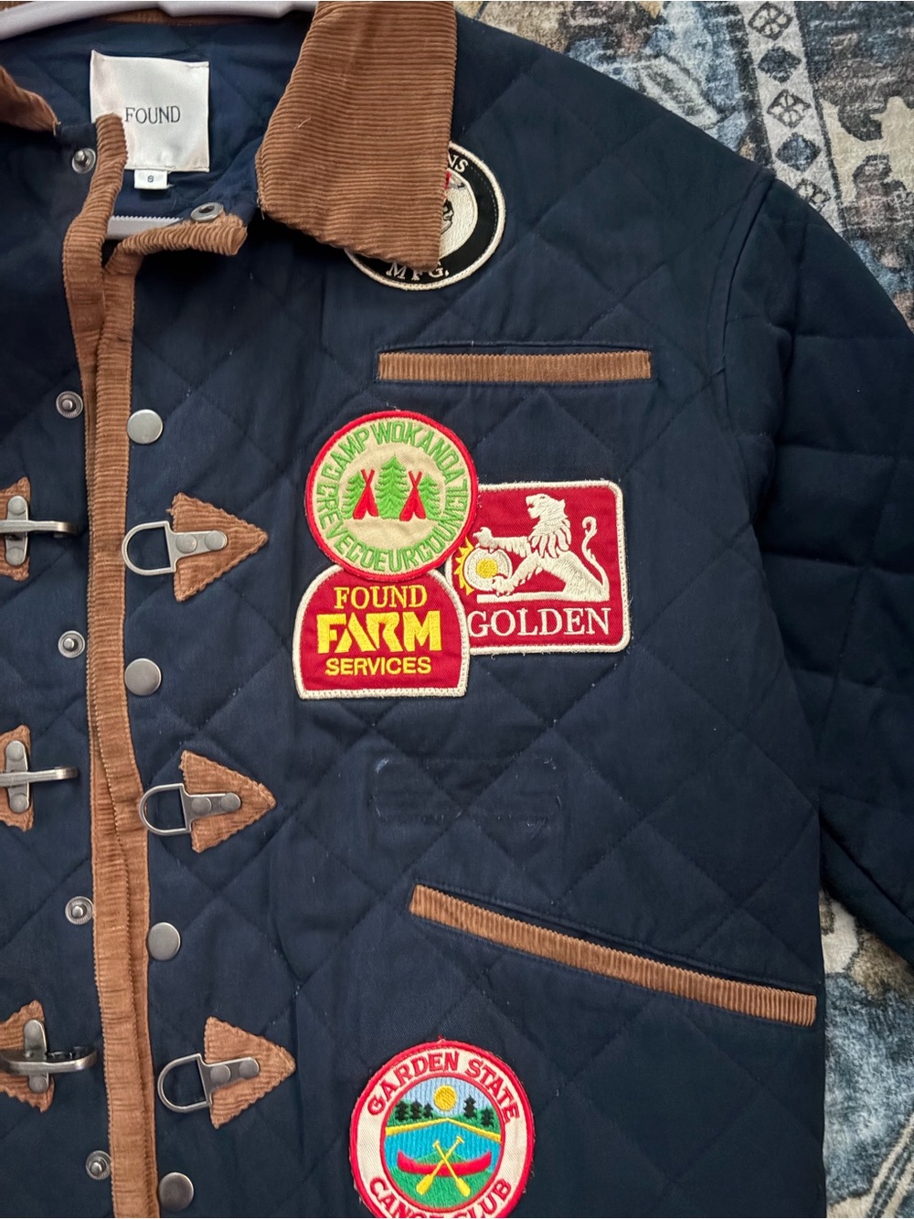 Found Quilted Navy Field Jacket with Brown Trim and Patchwork - Picture 2 of 7